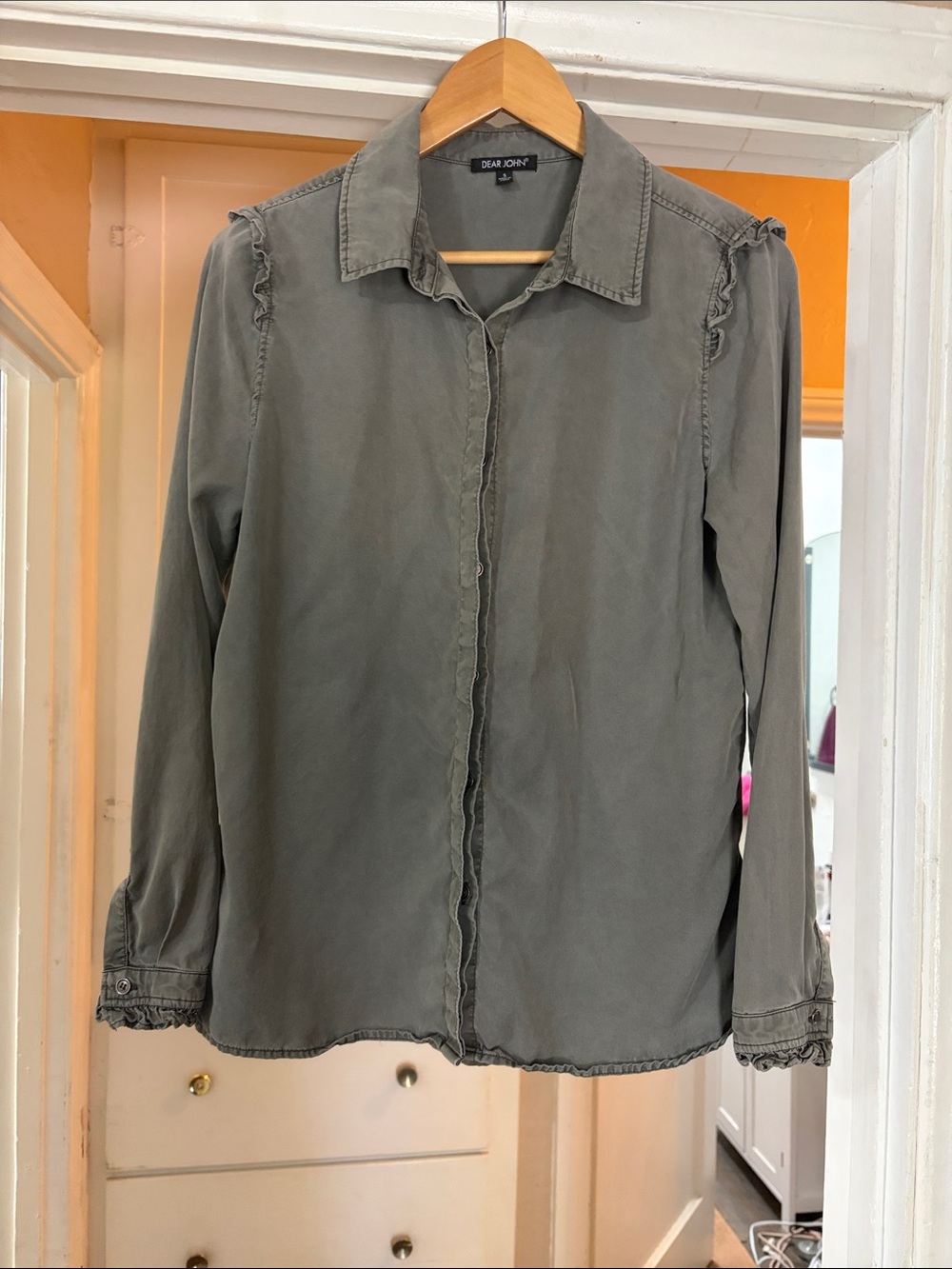 Dear John Olive Green Ruffle-Trim Button-Down Shirt